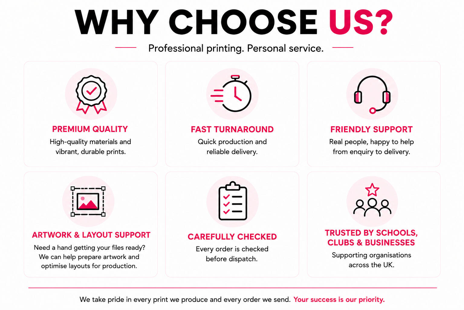 Benefits of using Her Creations Print Room for DTF transfers including premium quality printing, fast turnaround, friendly support, artwork assistance, quality checks and trusted service for schools, clubs and businesses.