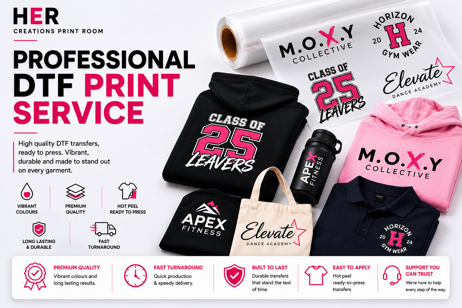 Professional DTF transfer printing service showing custom printed hoodies, clothing, tote bags and promotional products. High-quality ready-to-press DTF transfers for businesses, schools, clubs, brands and merchandise projects.