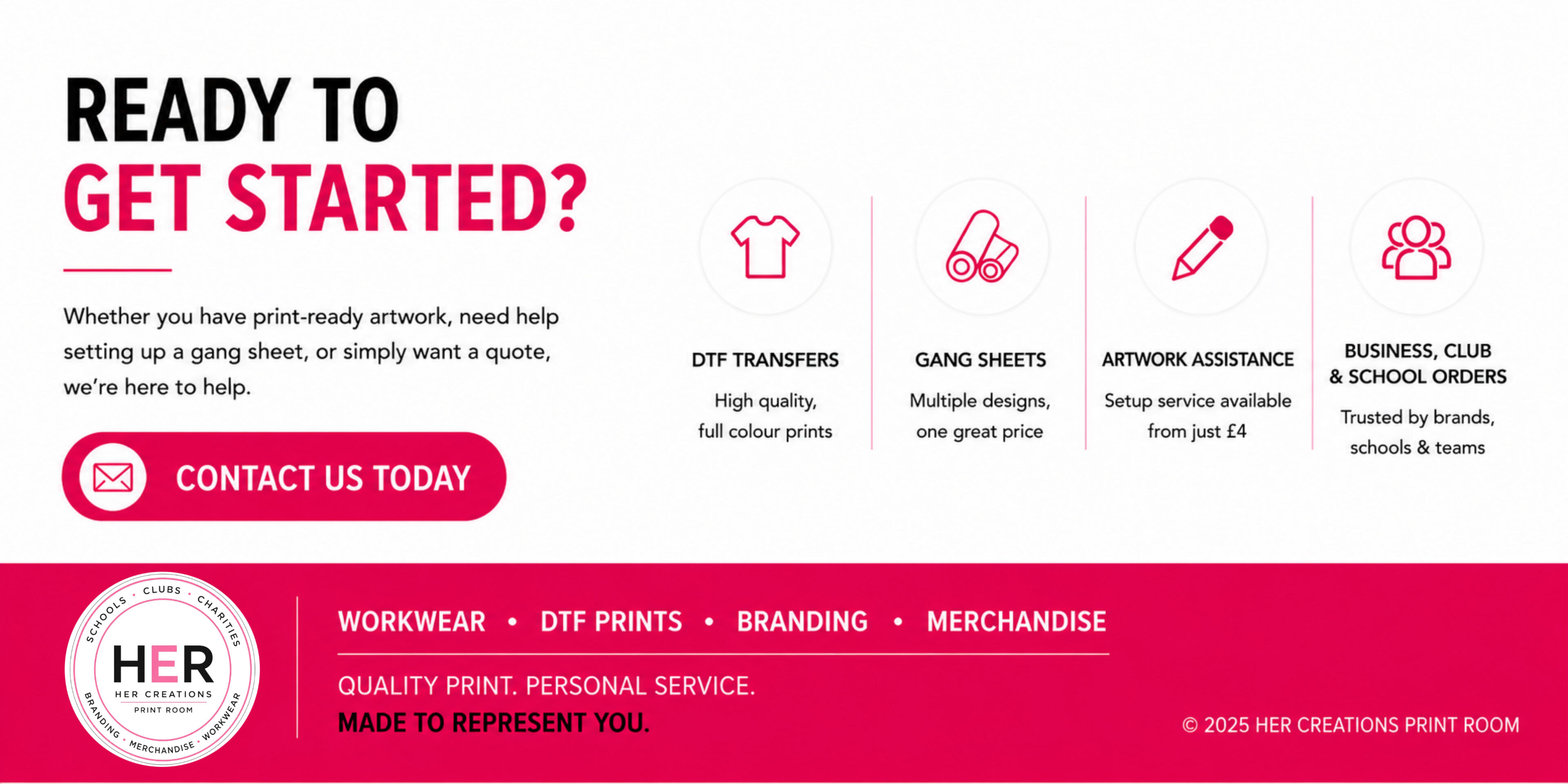 DTF printing contact and call-to-action section inviting customers to request quotes, order transfers, arrange gang sheets or get artwork assistance. Services available for businesses, schools, clubs and brands.