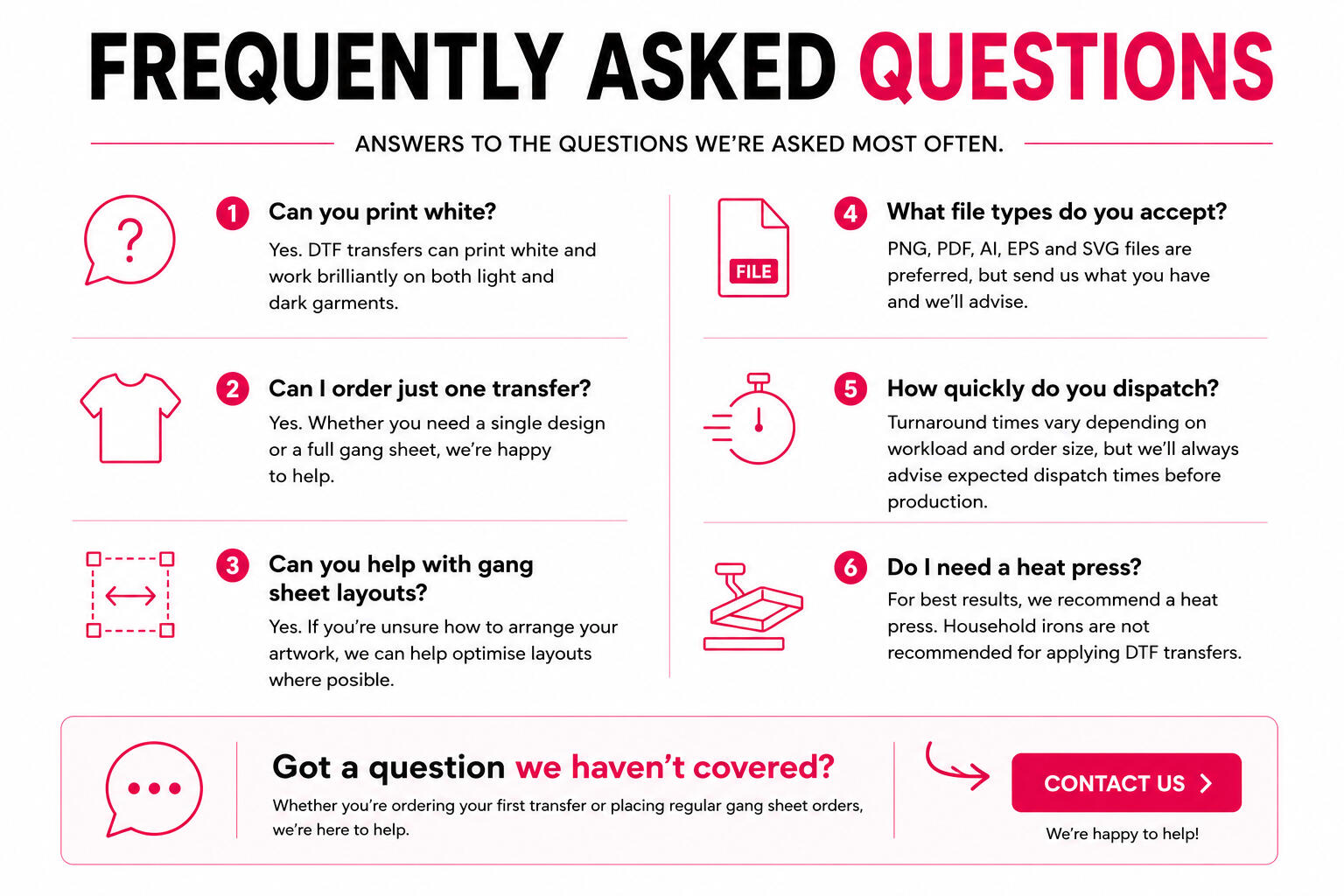 Frequently asked questions covering DTF transfer printing, white ink printing, single transfers, gang sheet layouts, accepted file types, turnaround times and heat press requirements.
