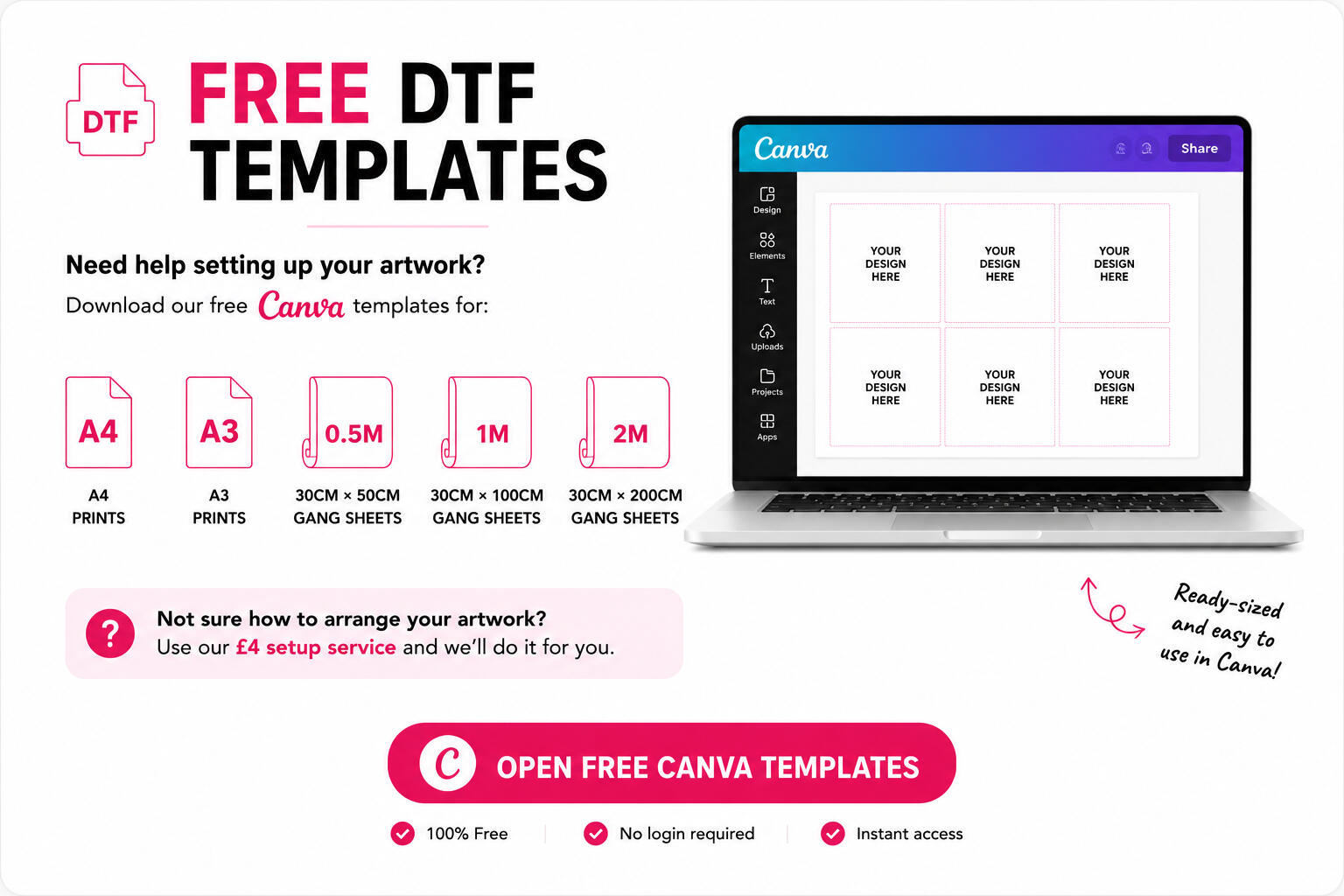 Free Canva templates for DTF artwork setup including A4, A3 and gang sheet layouts. Downloadable templates designed to help customers prepare print-ready artwork quickly and accurately.